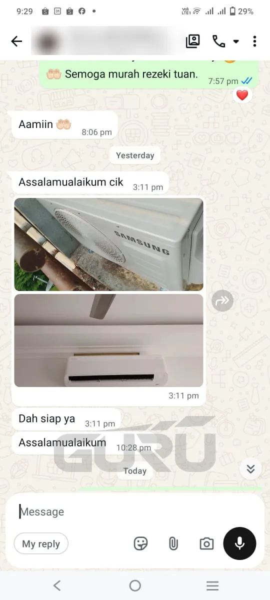 Tangkap layar WhatsApp pelanggan: hantar gambar unit Samsung yang siap dipasang